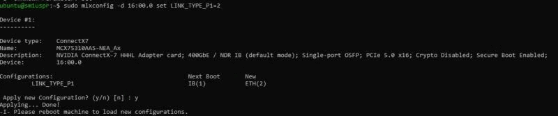 NVIDIA ConnectX 7 MCX75310AAS NEAT Mlxconfig sets the link type to Ethernet