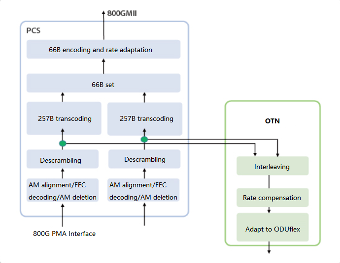 Schematische Darstellung der Verarbeitungsfunktionen von 800GE bis OTN