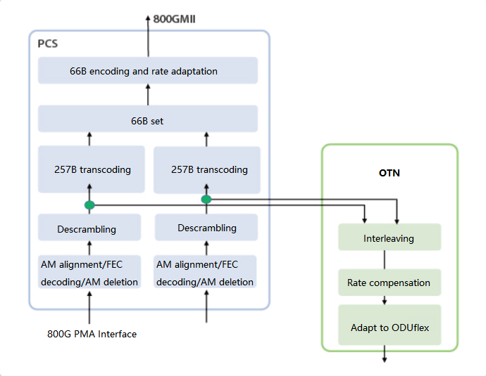 800GE에서 OTN까지 처리 기능의 개략도