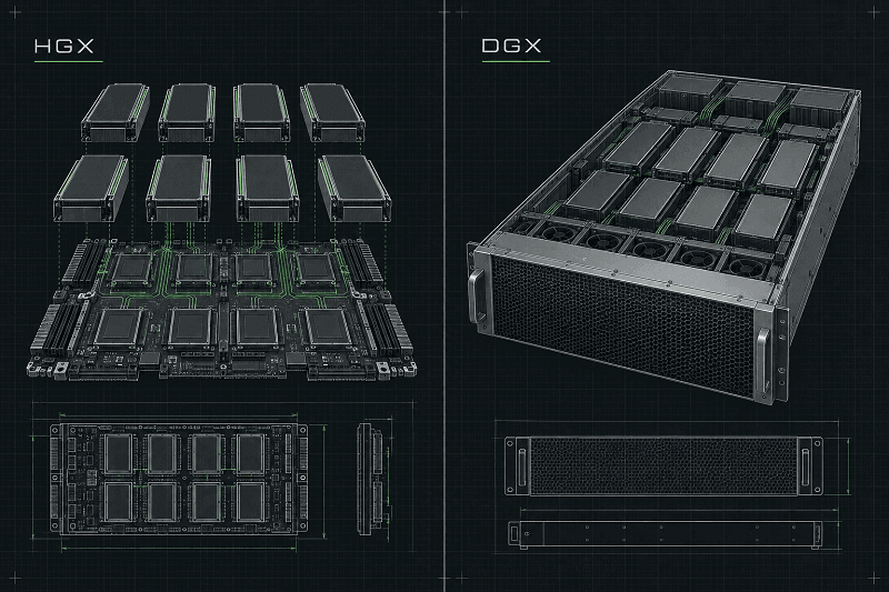Minimal technical comparison illustration between NVIDIA HGX and DGX platforms