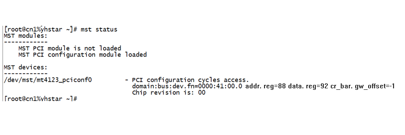Example output from mst status showing the VPI NIC device