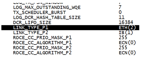 LINK_TYPE information from mlxconfig, highlighting port configurations
