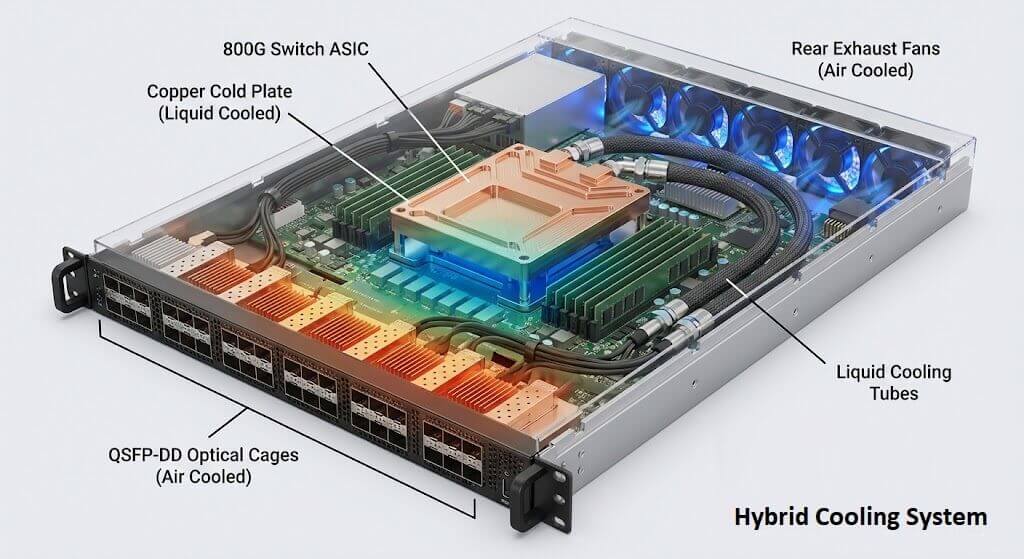 A 3D render of an 800G switch internal layout.