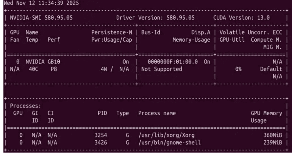 Run nvidia-smi to view DGX Spark GB10 GPU information.