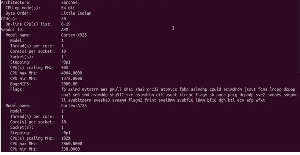 Run the lscpu command to view the CPU hardware information for the DGX Spark.