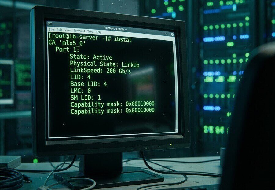 a Linux terminal window with InfiniBand diagnostic commands