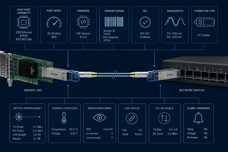 A clean SFP28 compatibility review checks these seven areas before purchase