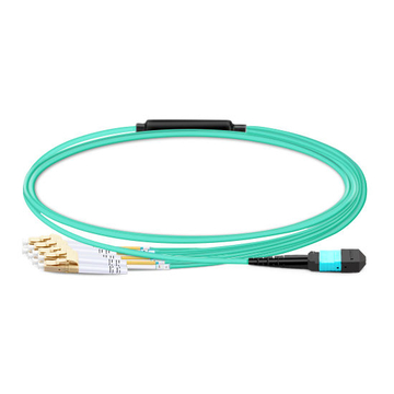 Cable MTP hembra de 3 m (10 pies) a 4 LC UPC dúplex OM3 50/125 Cable de ruptura de fibra multimodo, 8 fibras, Tipo B, Elite, Plenum (OFNP), Aqua