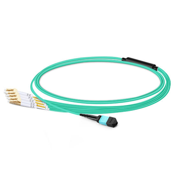 3m (10ft) MTP Female to 4 LC UPC Duplex OM3 50/125 Multimode Fiber Breakout Cable, 8 Fibers, Type B, Elite, LSZH, Aqua