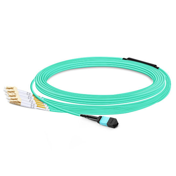 10m (33ft) MTP Female to 4 LC UPC Duplex OM3 50/125 Multimode Fiber Breakout Cable, 8 Fibers, Type B, Elite, Plenum (OFNP), Aqua