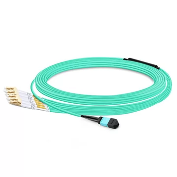 Cable MTP hembra de 10 m (33 pies) a 4 LC UPC dúplex OM3 50/125 Cable de ruptura de fibra multimodo, 8 fibras, Tipo B, Elite, Plenum (OFNP), Aqua