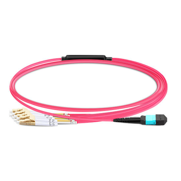 Cable MTP hembra de 2 m (7 pies) a 4 LC UPC dúplex OM4 50/125 Cable de ruptura de fibra multimodo, 8 fibras, Tipo B, Elite, Plenum (OFNP), Aqua / Violet