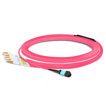 10m (33ft) MTP Female to 4 LC UPC Duplex OM4 50/125 Multimode Fiber Breakout Cable, 8 Fibers, Type B, Elite, LSZH, Aqua/Violet