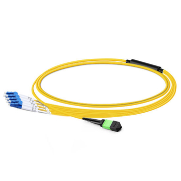 1 м (3 фута) MTP APC Female to 4 LC UPC Duplex OS2 9/125 Single Mode Fiber Breakout Cable, 8 Fibers, Type B, Elite, Plenum (OFNP), Yellow