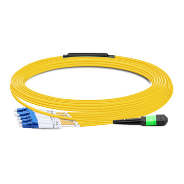 10 m (33 pies) MTP APC hembra a 4 LC UPC Duplex OS2 9/125 Cable de conexión de fibra monomodo, 8 fibras, tipo B, Elite, Plenum (OFNP), amarillo