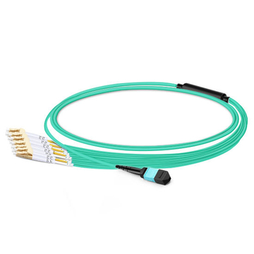 1m (3ft) MTP Female to 6 LC UPC Duplex OM3 50/125 Multimode Fiber Breakout Cable, 12 Fibers, Type B, Elite, LSZH, Aqua