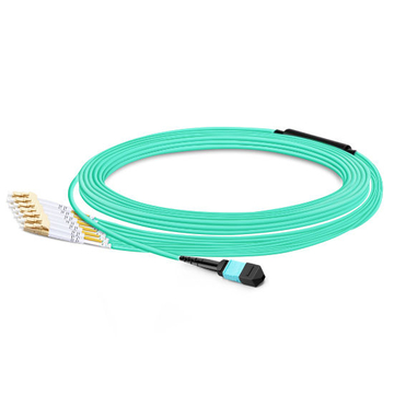 10m (33ft) MTP Female to 6 LC UPC Duplex OM3 50/125 Multimode Fiber Breakout Cable, 12 Fibers, Type B, Elite, LSZH, Aqua
