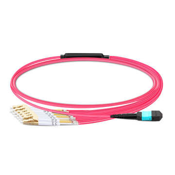 2m (7ft) MTP Female to 6 LC UPC Duplex OM4 50/125 Multimode Fiber Breakout Cable, 12 Fibers, Type B, Elite, LSZH, Aqua/Violet