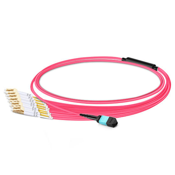 1m (3ft) MTP Female to 6 LC UPC Duplex OM4 50/125 Multimode Fiber Breakout Cable, 12 Fibers, Type B, Elite, LSZH, Aqua/Violet