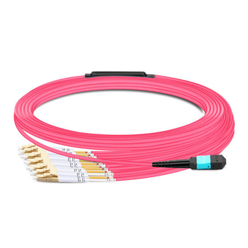5m (16ft) MTP Female to 6 LC UPC Duplex OM4 50/125 Multimode Fiber Breakout Cable, 12 Fibers, Type B, Elite, LSZH, Aqua/Violet