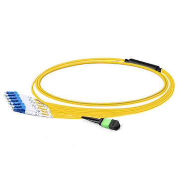 3m (10ft) MTP APC Female to 6 LC UPC Duplex OS2 9/125 Single Mode Fiber Breakout Cable, 12 Fibers, Type B, Elite, LSZH, Yellow