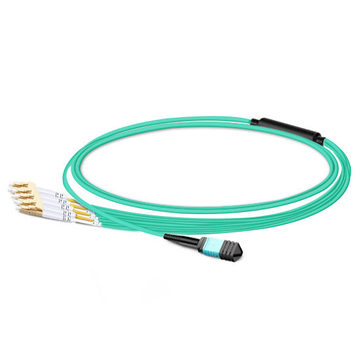 1 m (3 pies) de baja pérdida de inserción MPO hembra a 4 LC UPC dúplex OM3 50/125 Cable de ruptura de fibra multimodo, 8 fibras, tipo B, Elite, LSZH, Aqua