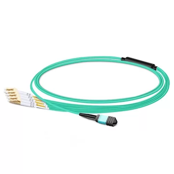 1m (3ft) MPO Femelle vers 4 LC UPC Duplex OM3 50/125 Câble Breakout Fibre Multimode, 8 Fibres, Type B, LSZH, Aqua