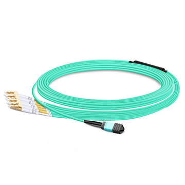 10m (33ft) MPO Female to 4 LC UPC Duplex OM3 50/125 Multimode Fiber Breakout Cable, 8 Fibers, Type B, LSZH, Aqua