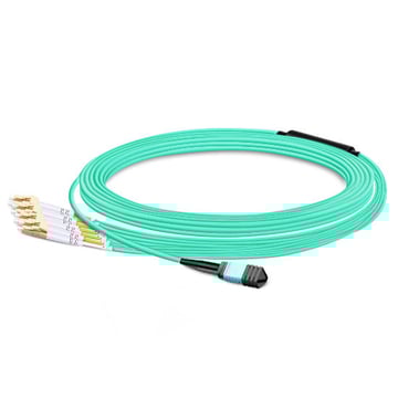 5m (16ft) MPO Female to 4 LC UPC Duplex OM3 50/125 Multimode Fiber Breakout Cable, 8 Fibers, Type B, LSZH, Aqua