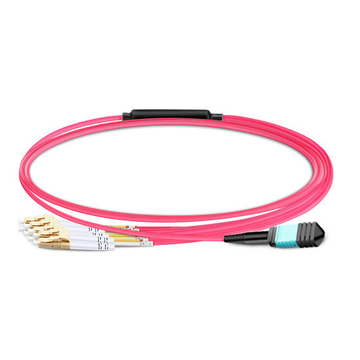 2m (7 pies) MPO hembra a 4 LC UPC Duplex OM4 50/125 Cable de ruptura de fibra multimodo, 8 fibras Tipo B, Elite, LSZH, Aqua / Violet