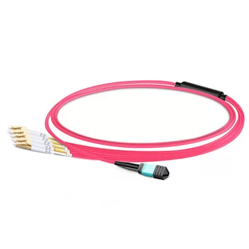 3m (10ft) MPO UPC Female to 4 LC UPC Duplex OM4 50/125 Multimode Fiber Breakout Cable, 8 Fibers Type B, Elite, LSZH, Aqua/Violet