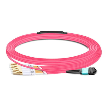 10 m (33 pi) faible perte d'insertion MPO femelle vers 4 LC UPC Duplex OM4 50/125 Câble de rupture à fibre multimode, 8 fibres de type B, Elite, LSZH, Aqua / Violet