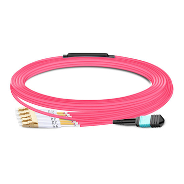 10m (33ft) MPO Female to 4 LC UPC Duplex OM4 50/125 Multimode Fiber Breakout Cable, 8 Fibers Type B, Elite, LSZH, Aqua/Violet