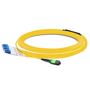 7 m (23 pies) de pérdida de inserción baja MPO APC hembra a 4 LC UPC dúplex OS2 9/125 Cable de conexión de fibra monomodo, 8 fibras tipo B, Elite, LSZH, amarillo