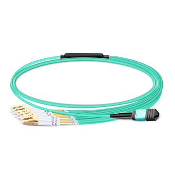 2m (7 pies) MPO Hembra a 6 LC UPC Duplex OM3 50/125 Cable de ruptura de fibra multimodo, 12 fibras, Tipo B, Elite, LSZH, Aqua