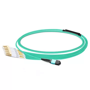 1m (3ft) MPO Female-6 LC UPC Duplex OM3 50/125 다중 모드 광섬유 브레이크 아웃 케이블, 12 광섬유, Type B, Elite, LSZH, Aqua