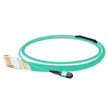 2m (7ft) MPO Female to 6 LC UPC Duplex OM3 50/125 Multimode Fiber Breakout Cable, 12 Fibers, Type B, Elite, LSZH, Aqua