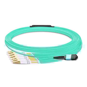 10m (33ft) MPO UPC Female to 6 LC UPC Duplex OM3 50/125 Multimode Fiber Breakout Cable, 12 Fibers, Type B, Elite, LSZH, Aqua