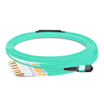 5m (16ft) MPO Female to 6 LC UPC Duplex OM3 50/125 Multimode Fiber Breakout Cable, 12 Fibers, Type B, Elite, LSZH, Aqua