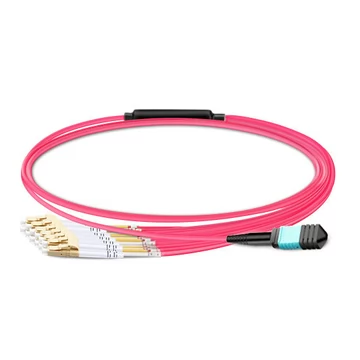 1m (3 pies) MPO hembra a 6 LC UPC Duplex OM4 50/125 Cable de ruptura de fibra multimodo, 12 fibras Tipo B, Elite, LSZH, Aqua / Violet