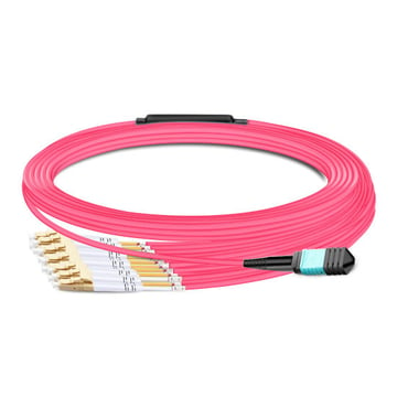 7m (23ft) MPO Female-6 LC UPC Duplex OM4 50/125 다중 모드 광섬유 브레이크 아웃 케이블, 12 광섬유 유형 B, Elite, LSZH, Aqua / Violet