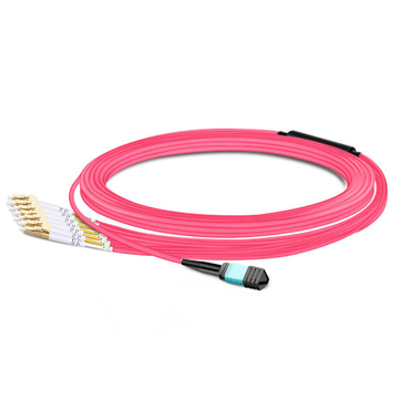 10m (33ft) MPO Female to 6 LC UPC Duplex OM4 50/125 Multimode Fiber Breakout Cable, 12 Fibers Type B, Elite, LSZH, Aqua/Violet
