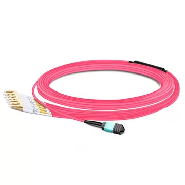 10m (33ft) MPO UPC Female to 6 LC UPC Duplex OM4 50/125 Multimode Fiber Breakout Cable, 12 Fibers Type B, LSZH, Aqua/Violet