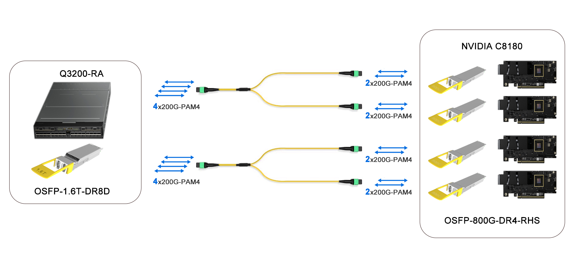 1.6T InfiniBand XDR Switch to 4x400G NIC