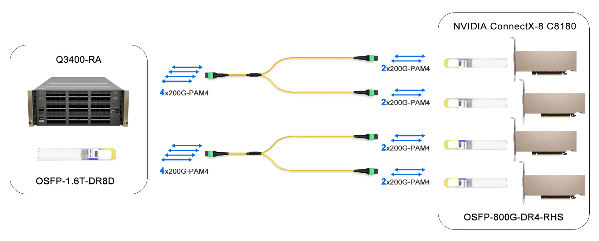 1.6T InfiniBand XDR Switch to 4x400G NIC