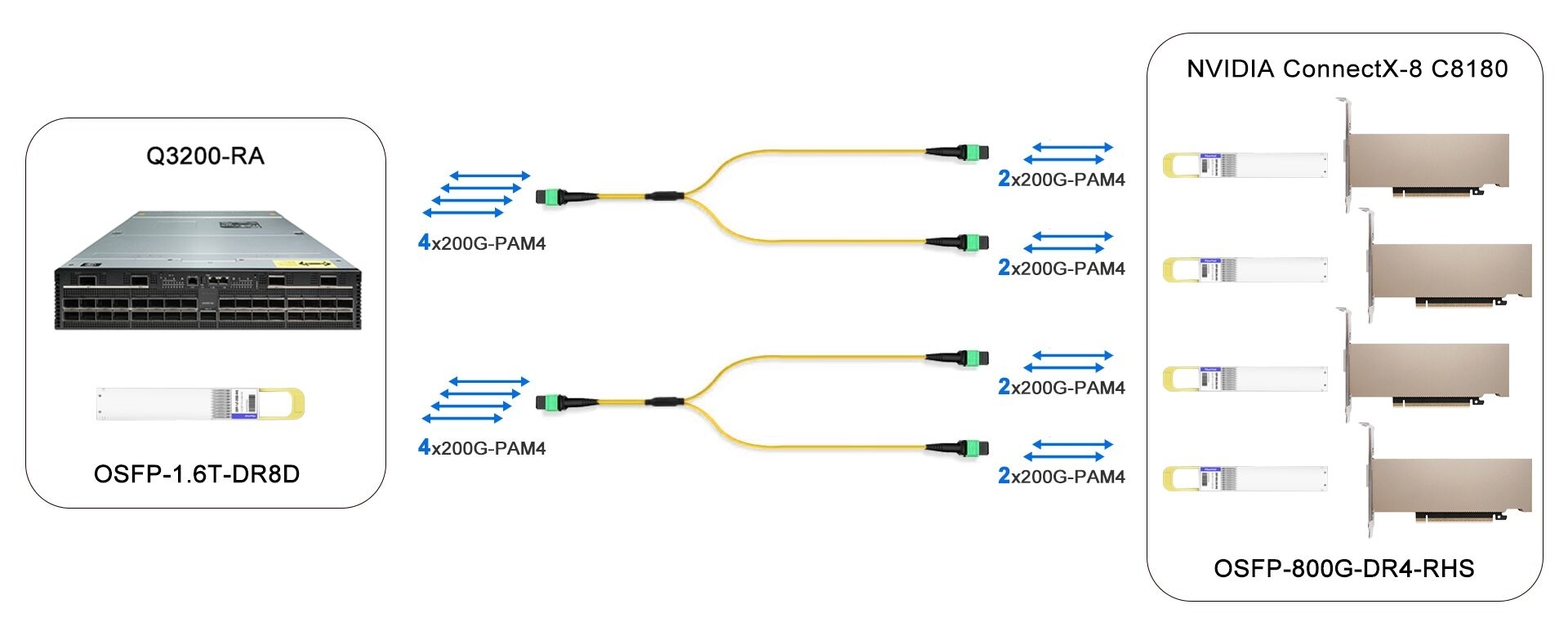 1.6T InfiniBand XDR Switch to 4x400G NIC
